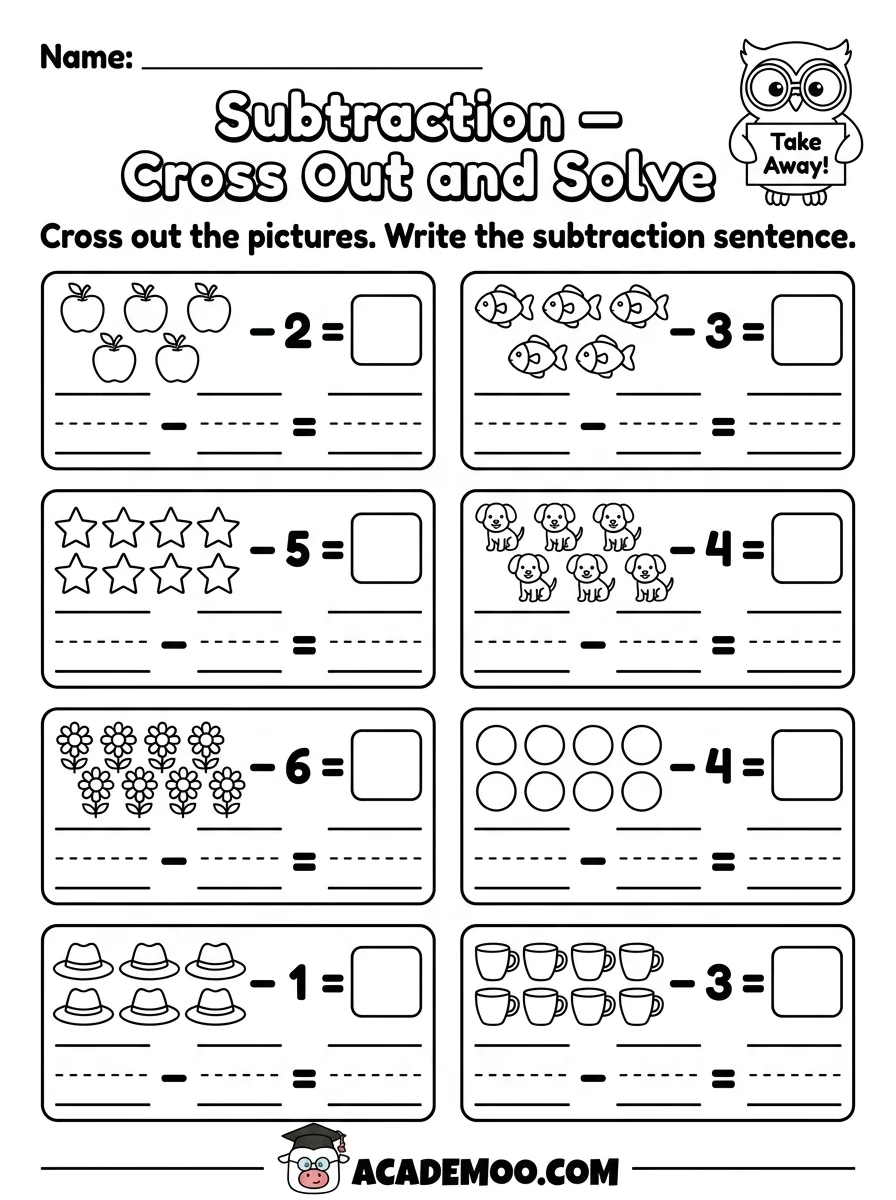 Subtraction Cross Out and Solve worksheet — kindergarten math printable PDF · Free printable subtraction cross out and solve worksheet for Kindergarten.
