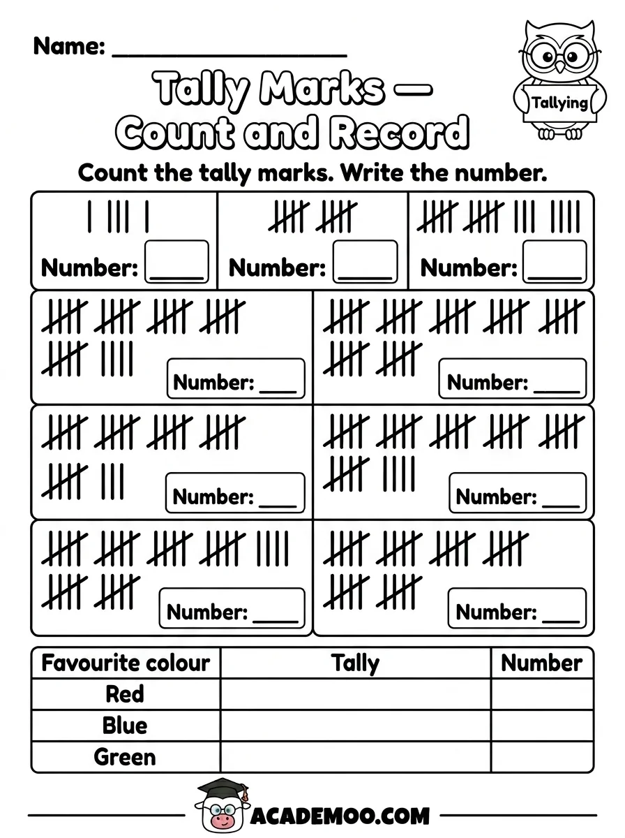 Tally Marks Count and Record worksheet — 1st grade math printable PDF · Free printable tally marks count and record worksheet for 1st Grade.