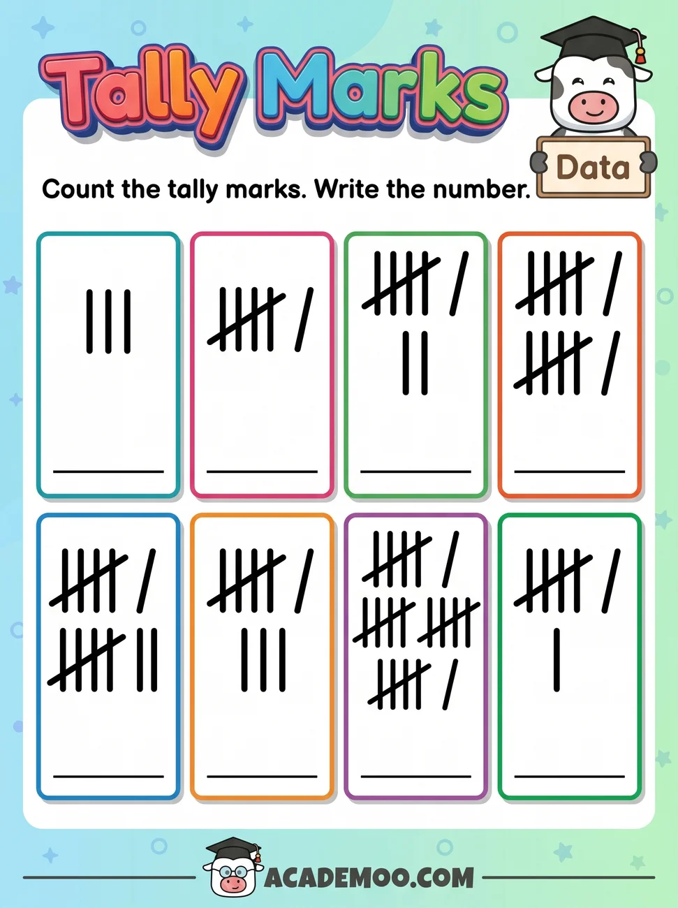 Tally Marks worksheet — 1st grade math printable PDF · Free printable tally marks worksheet for 1st Grade.