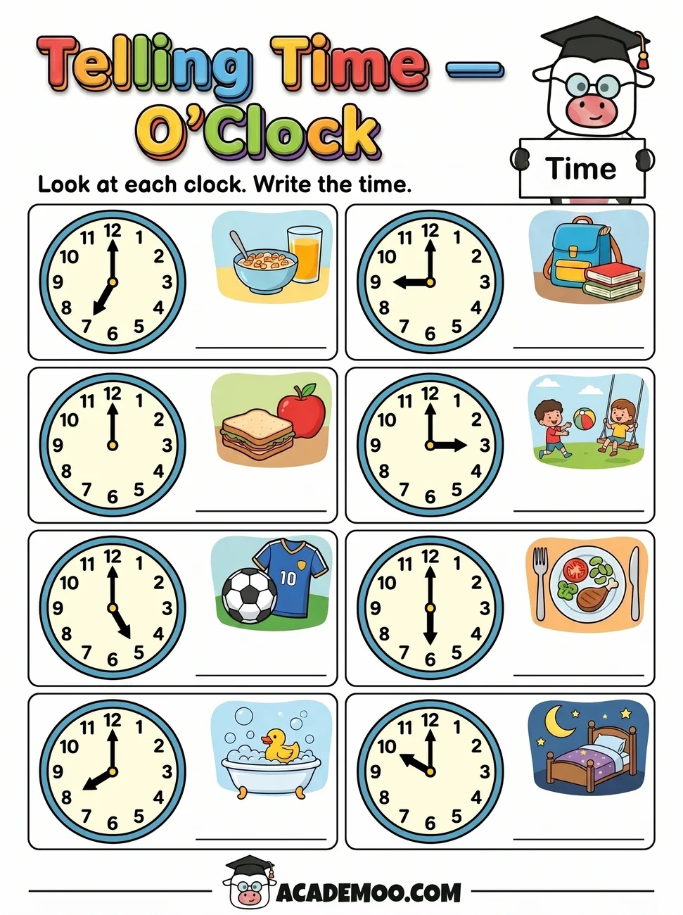 Telling Time O'Clock worksheet — 1st grade math printable PDF · Free printable telling time o'clock worksheet for 1st Grade.