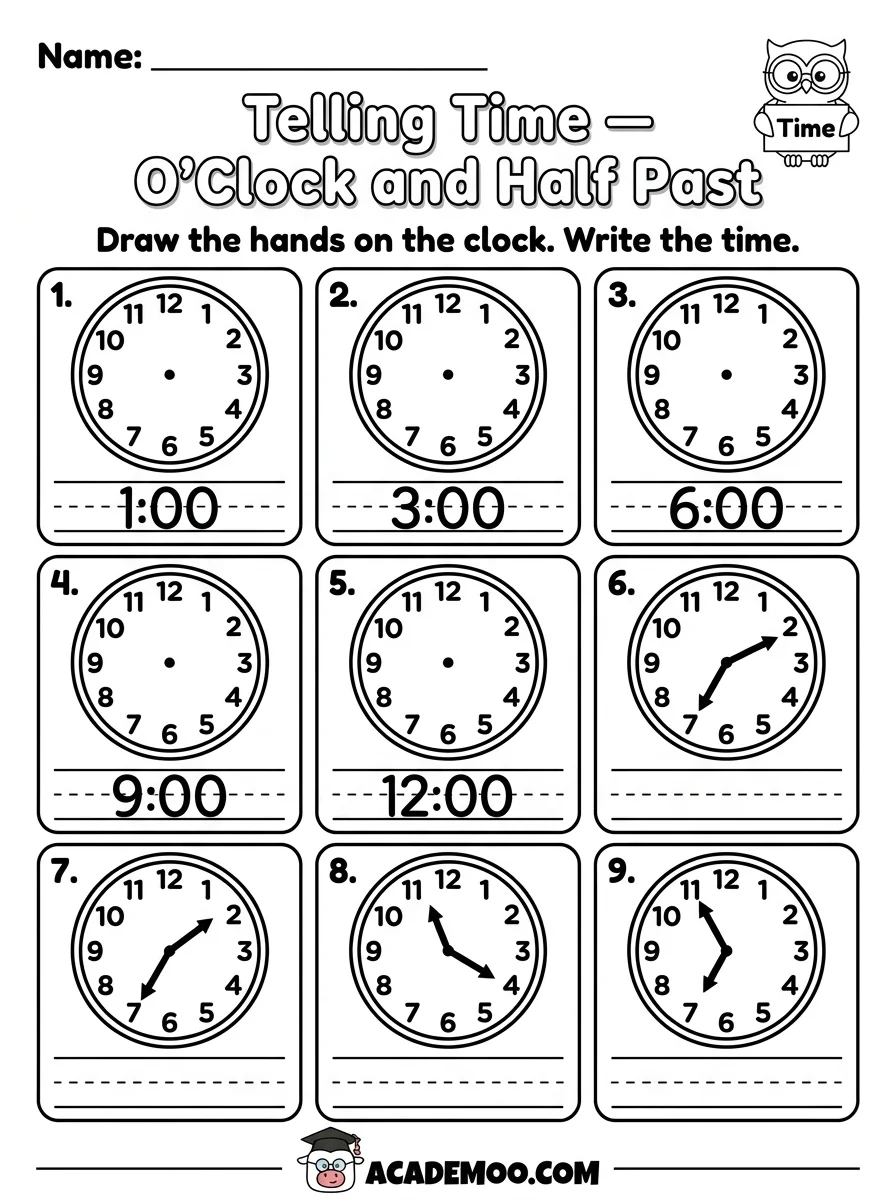 Telling Time O'Clock and Half Past worksheet — 1st grade math printable PDF · Free printable telling time o'clock and half past worksheet for 1st Grade.