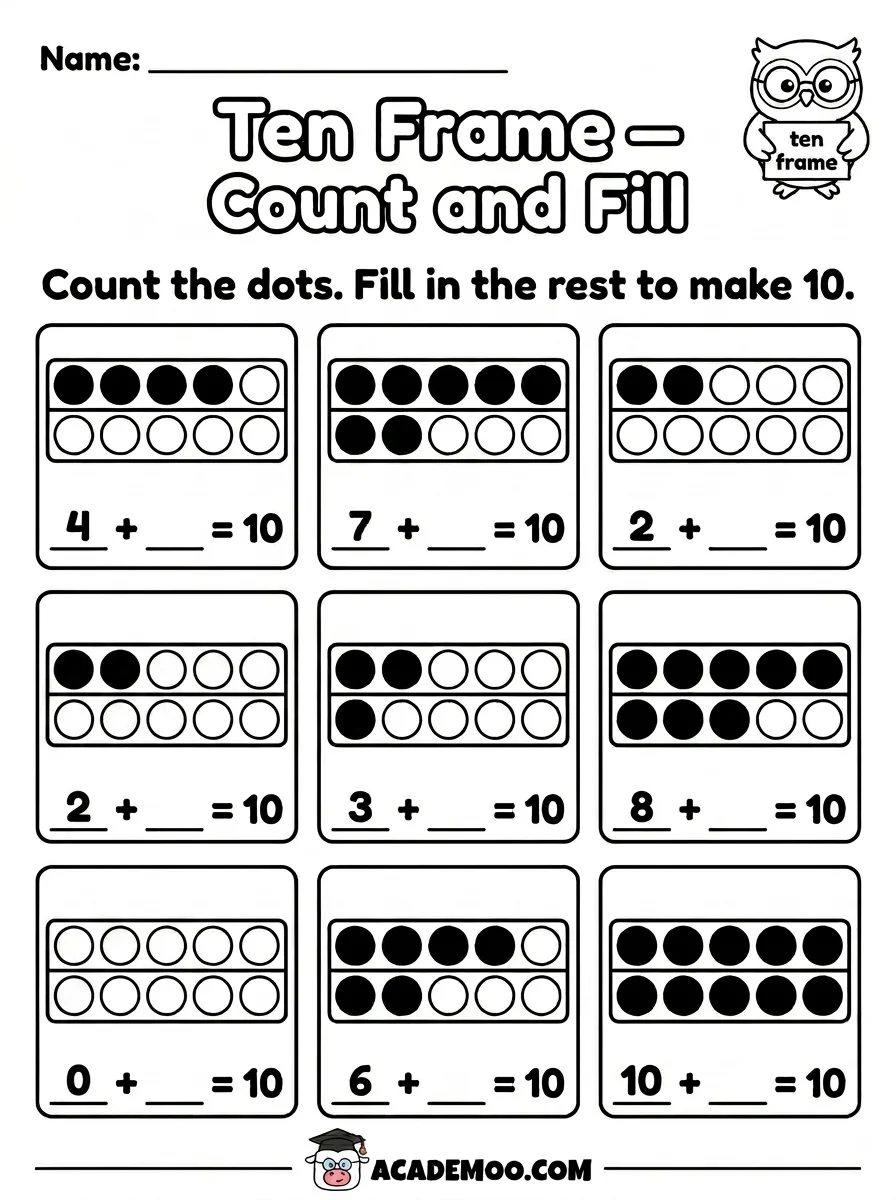 Ten Frame Count and Fill worksheet — kindergarten math printable PDF · Free printable ten frame count and fill worksheet for Kindergarten.