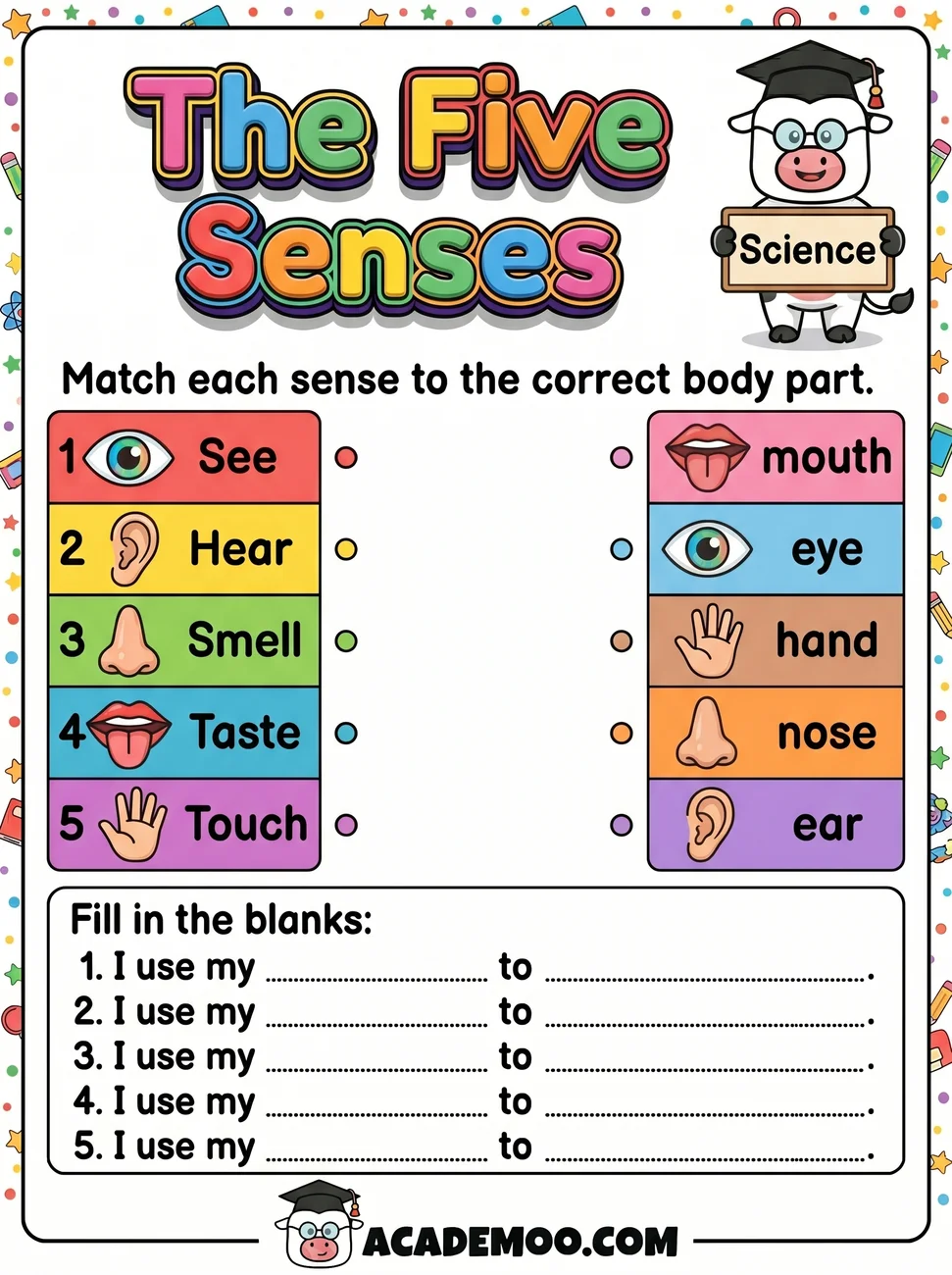The Five Senses worksheet — kindergarten science printable PDF · Free printable the five senses worksheet for Kindergarten.