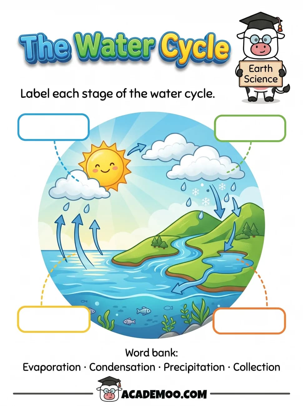 The Water Cycle worksheet — 1st grade science printable PDF · Free printable the water cycle worksheet for 1st Grade.