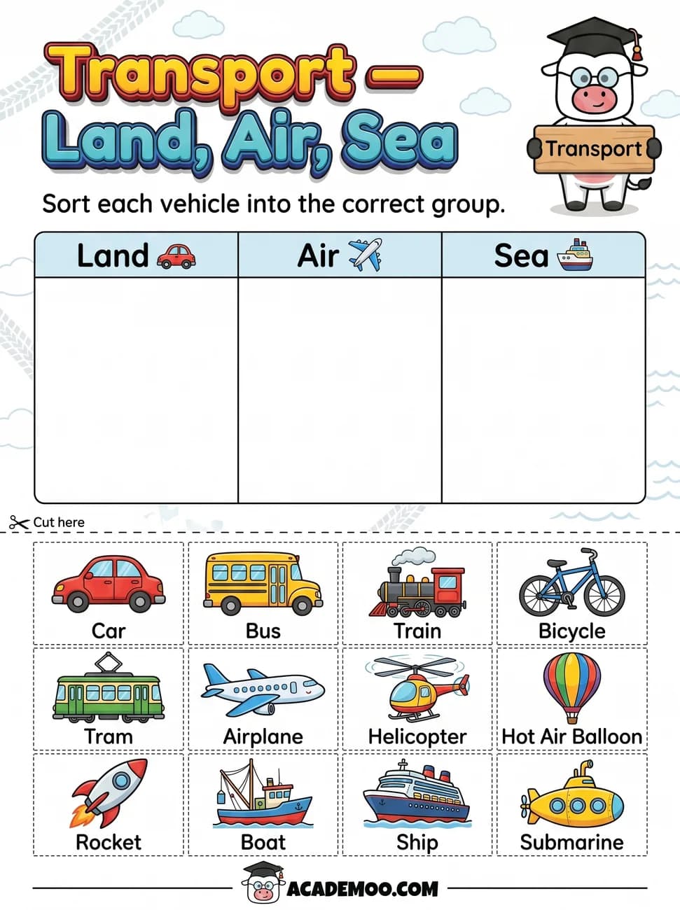 Transport Land Air and Sea Sort worksheet — pre-k science printable PDF · Free printable transport land air and sea sort worksheet for Pre-K.
