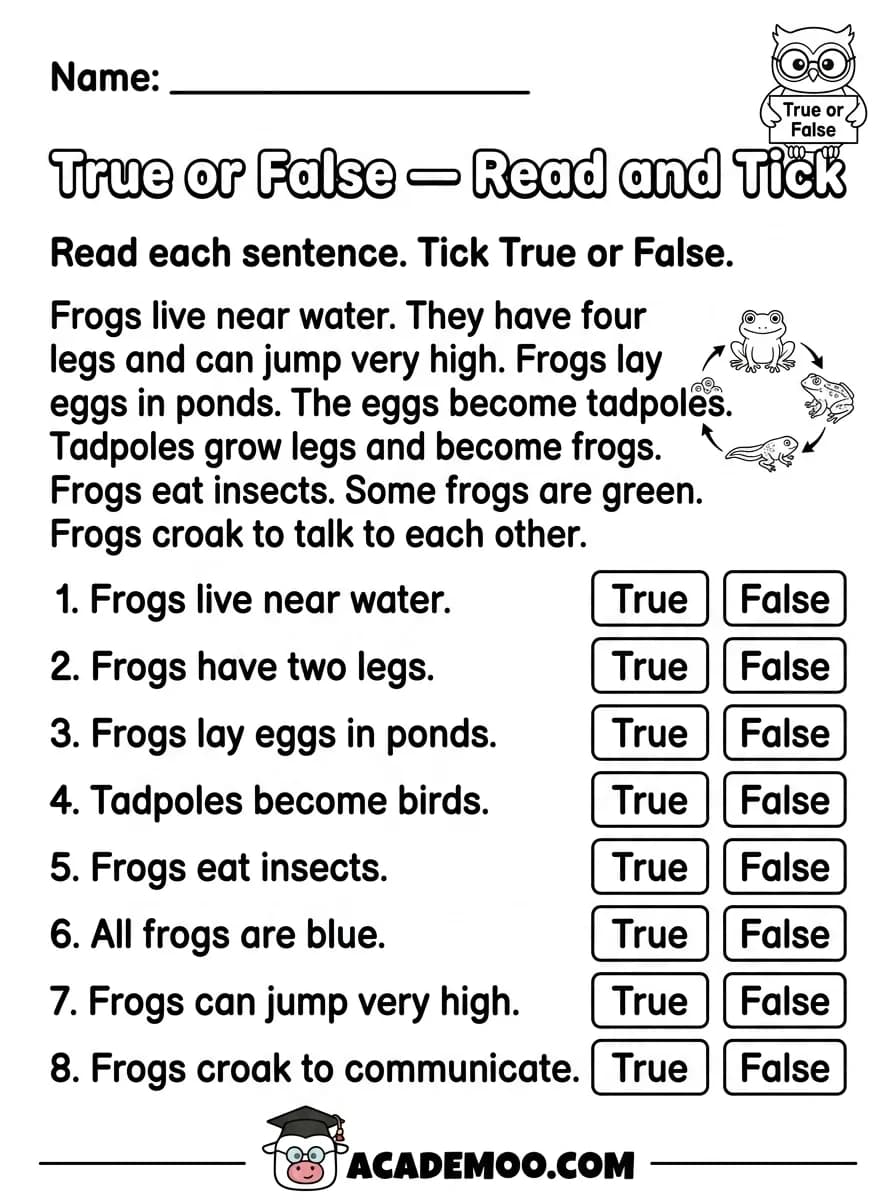 True or False Read and Tick worksheet — 1st grade language arts printable PDF · Free printable true or false read and tick worksheet for 1st Grade.