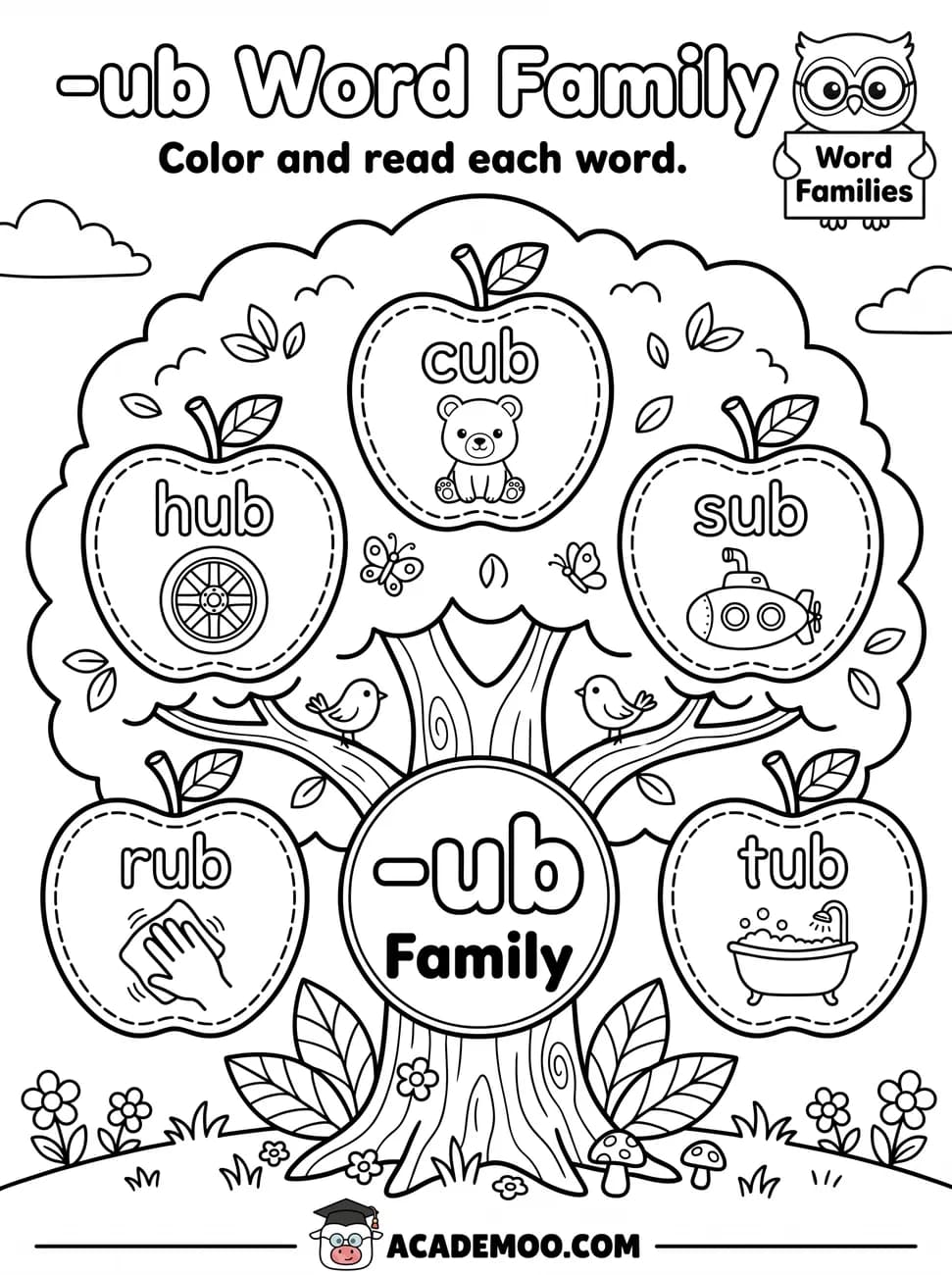 -ub Word Family worksheet — kindergarten language arts printable PDF · Color and read each -ub word on the apple tree: cub, hub, sub, rub, tub.