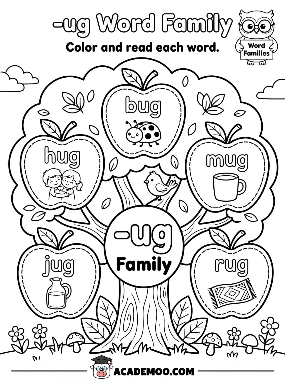 -ug Word Family worksheet — kindergarten language arts printable PDF · Color and read each -ug word on the apple tree: bug, hug, mug, jug, rug.