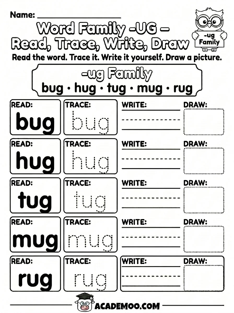 UG Word Family Read Trace Write worksheet — kindergarten language arts printable PDF · Free printable ug word family read trace write worksheet for Kindergarten.