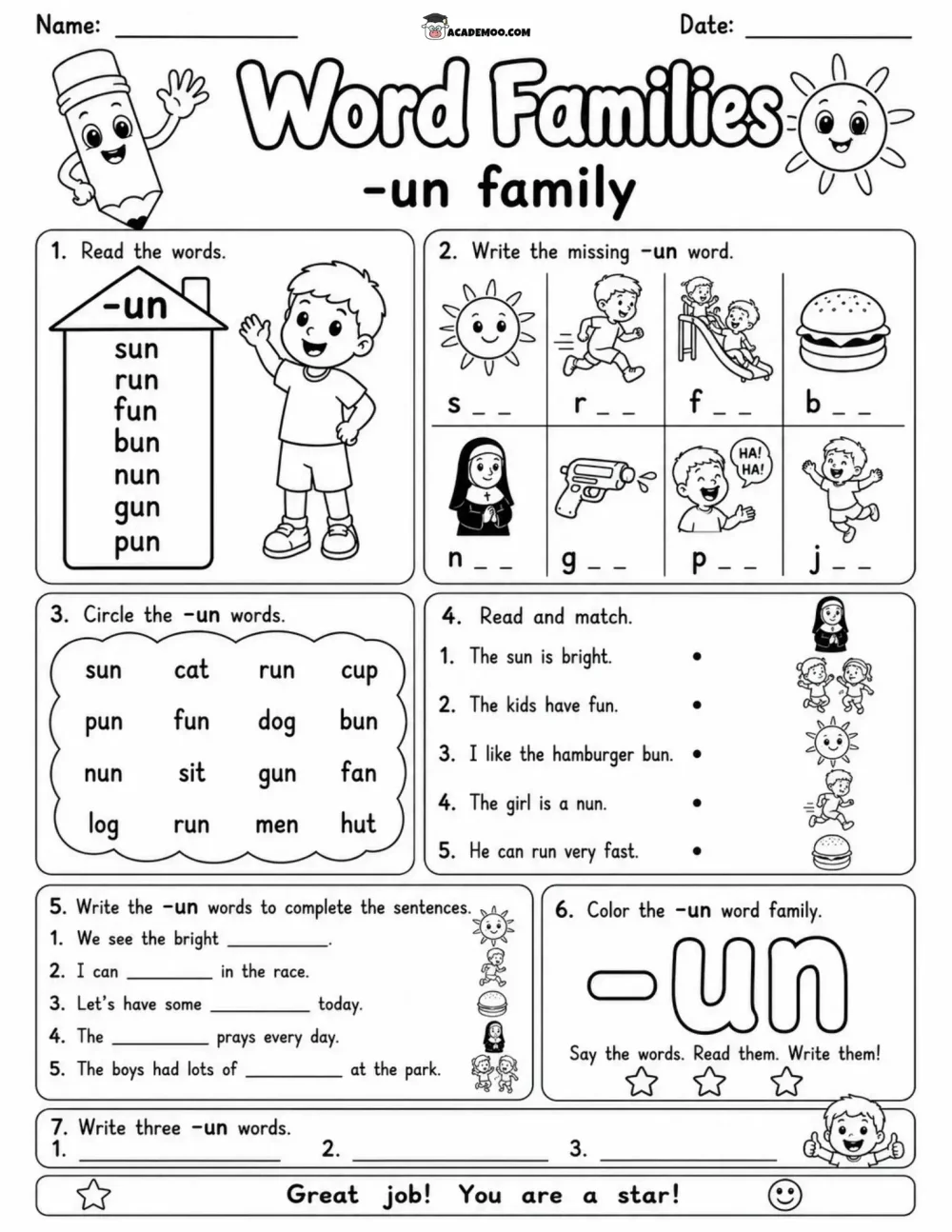 UN Word Family Practice worksheet — kindergarten language arts printable PDF · Printable un word family practice worksheet for Kindergarten.