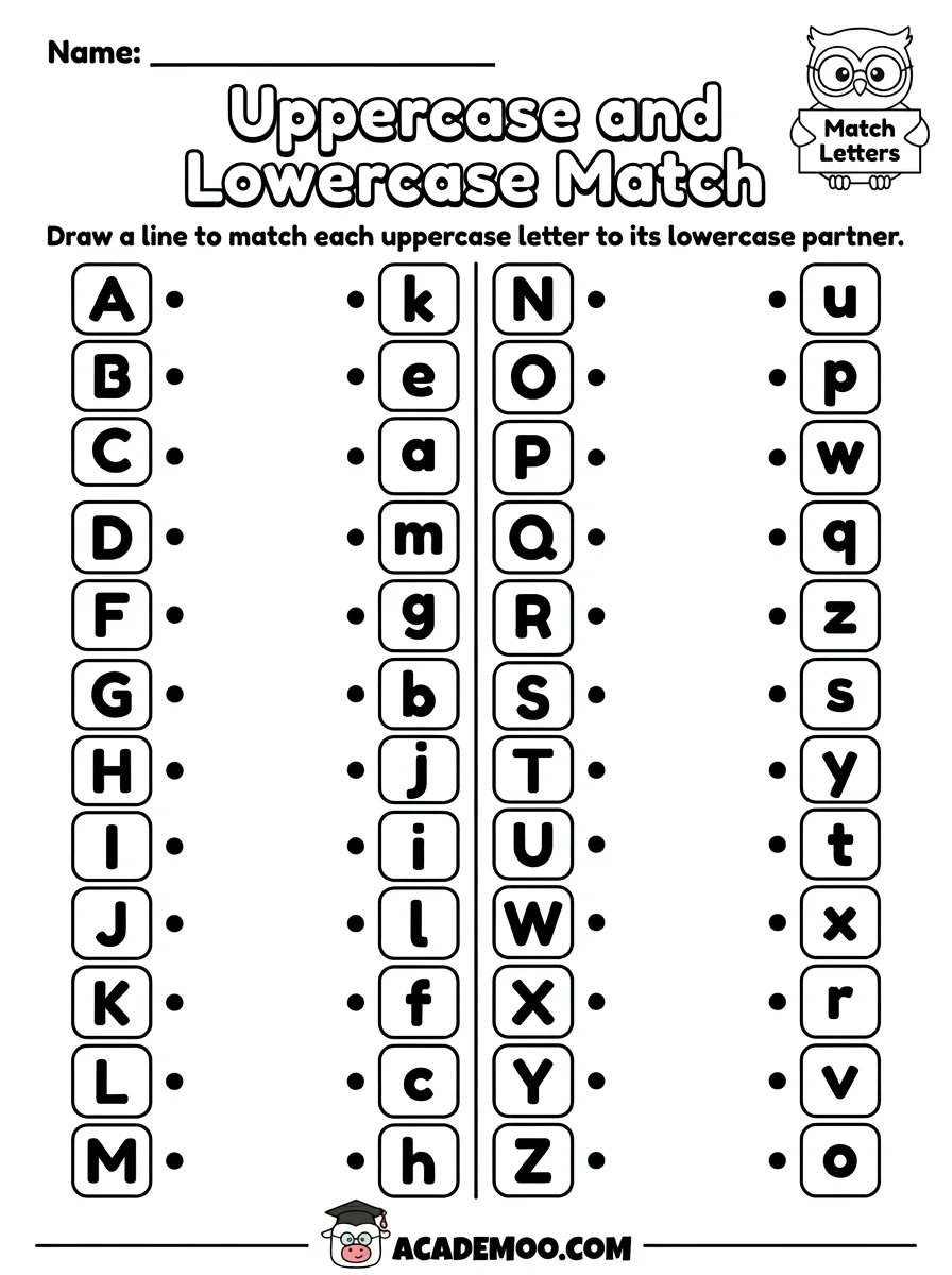 Uppercase and Lowercase Match worksheet — pre-k language arts printable PDF · Free printable uppercase and lowercase match worksheet for Pre-K.