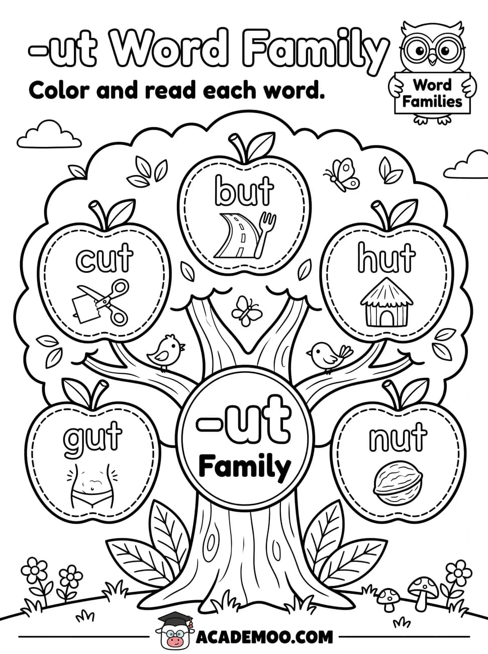 -ut Word Family worksheet — kindergarten language arts printable PDF · Color and read each -ut word on the apple tree: but, cut, hut, gut, nut.