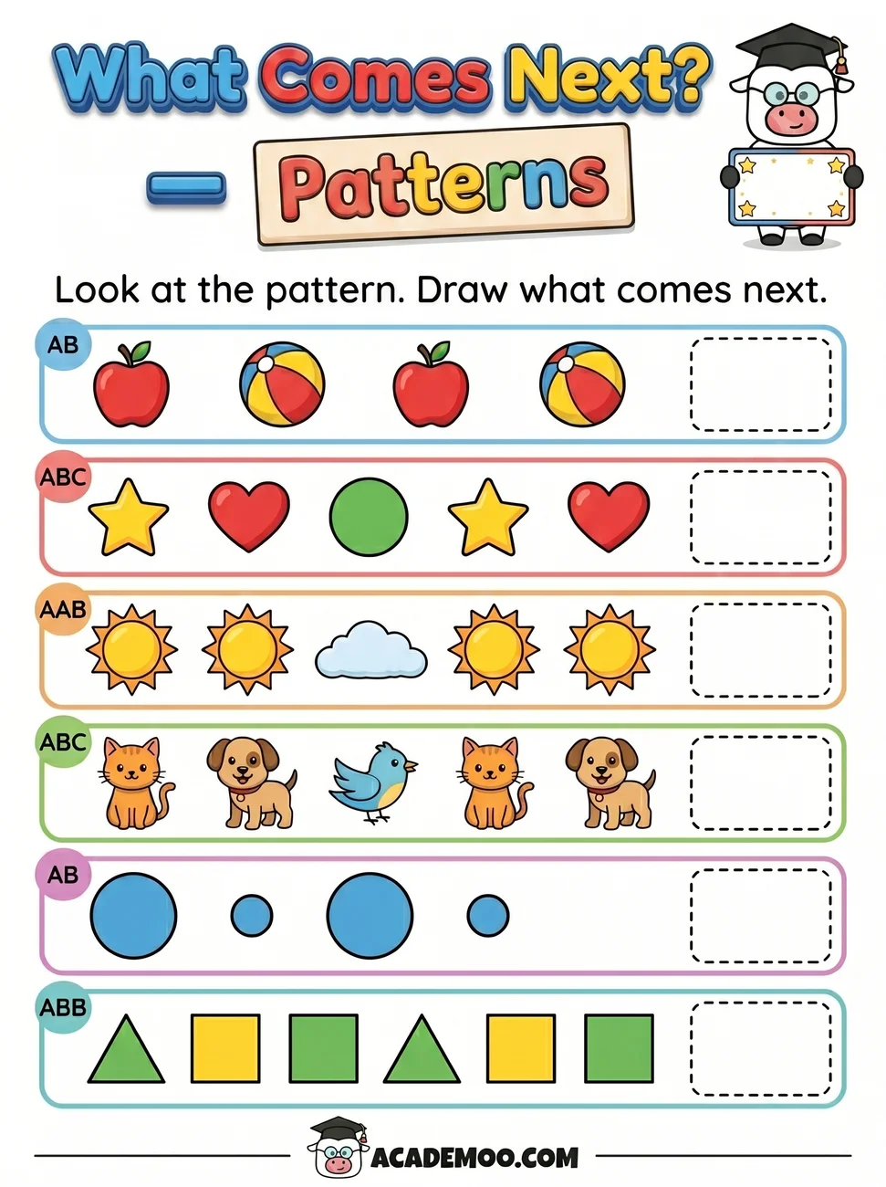 What Comes Next Patterns worksheet — pre-k math printable PDF · Free printable what comes next patterns worksheet for Pre-K.