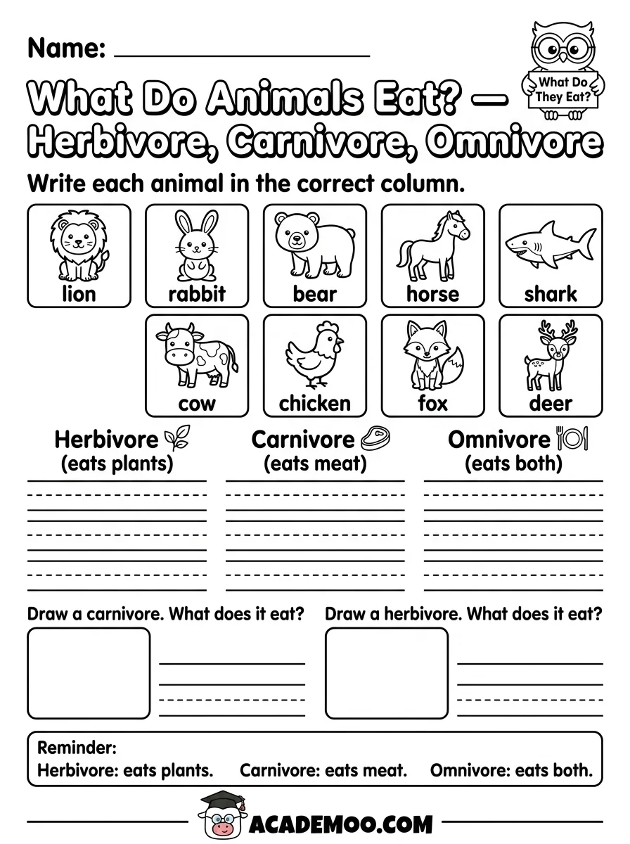 What Do Animals Eat? worksheet — kindergarten science printable PDF · Free printable what do animals eat?