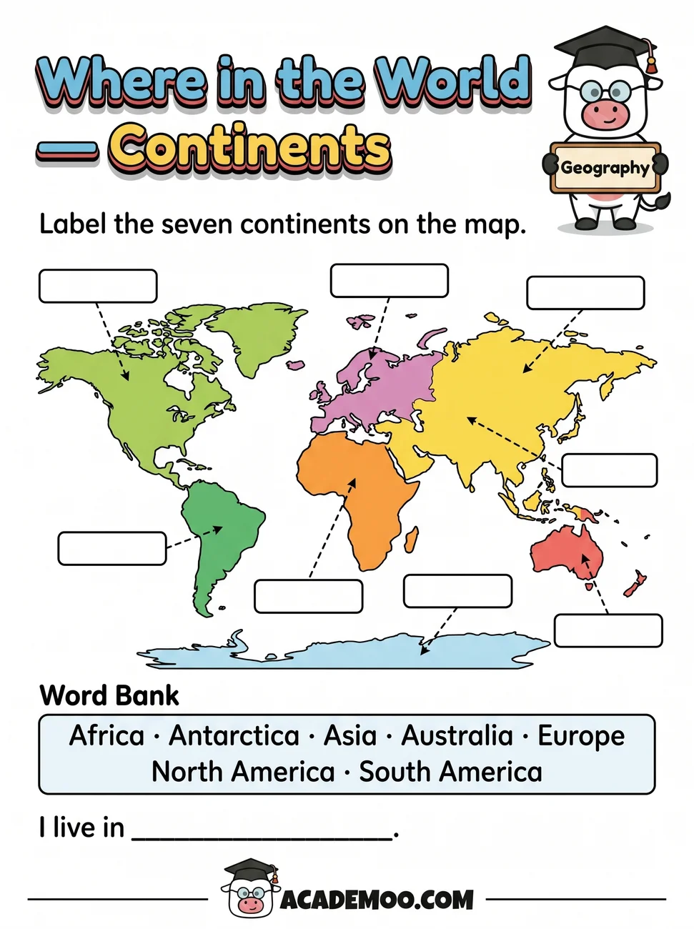 Where in the World Continents worksheet — 1st grade science printable PDF · Free printable where in the world continents worksheet for 1st Grade.
