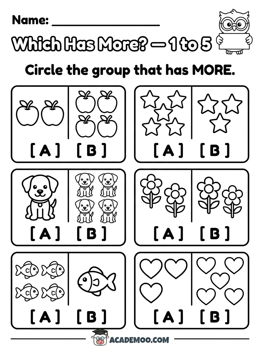 Which Has More 1 to 5 worksheet — pre-k math printable PDF · Free printable which has more 1 to 5 worksheet for Pre-K.