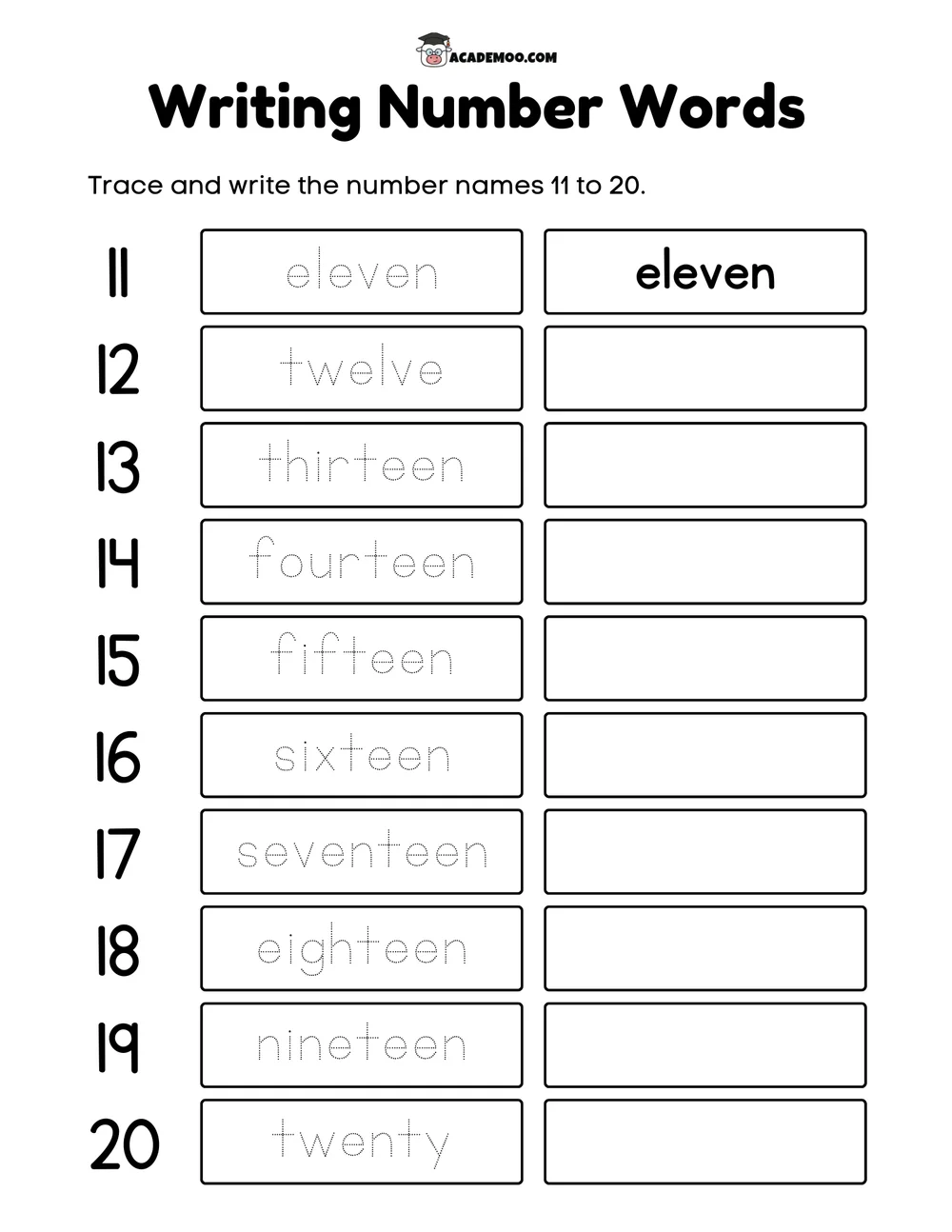 Writing Number Words 11-20 worksheet — 1st grade math printable PDF · Printable writing number words 11-20 worksheet for 1st Grade.