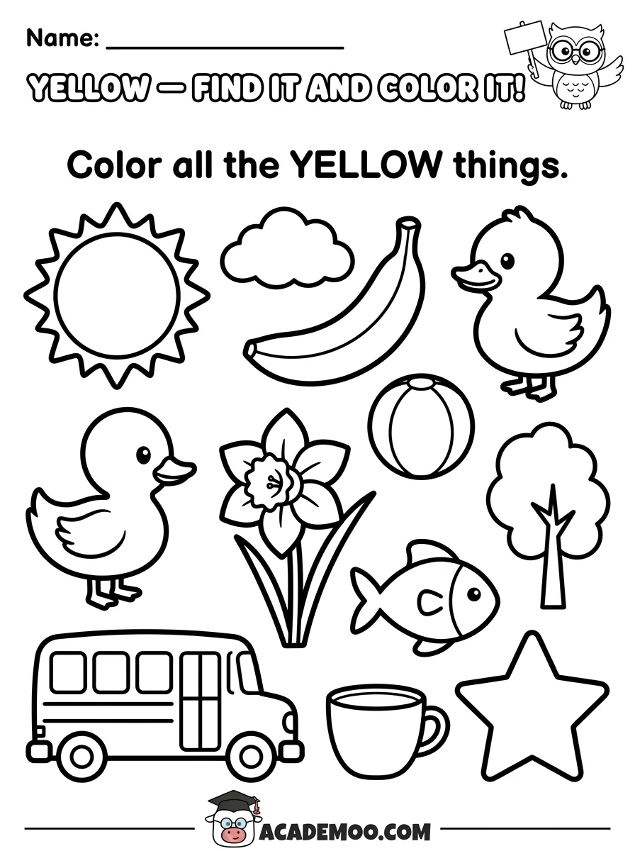 Yellow Find It and Color It worksheet — pre-k math printable PDF · Free printable yellow find it and color it worksheet for Pre-K.