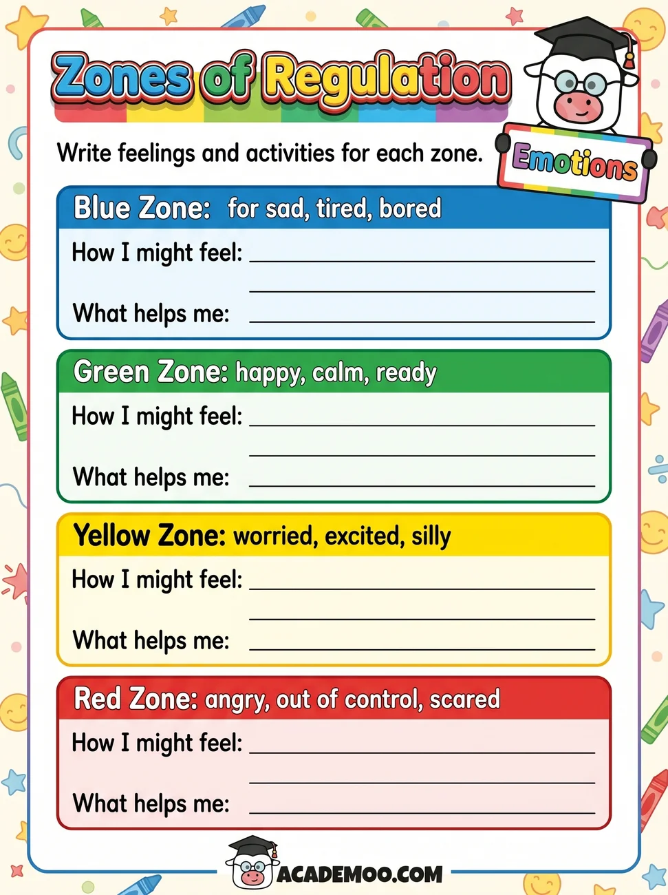 Zones of Regulation worksheet — kindergarten language arts printable PDF · Free printable zones of regulation worksheet for Kindergarten.