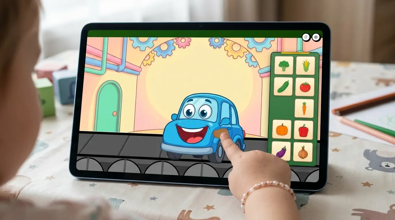 Child playing Car Factory game on a tablet