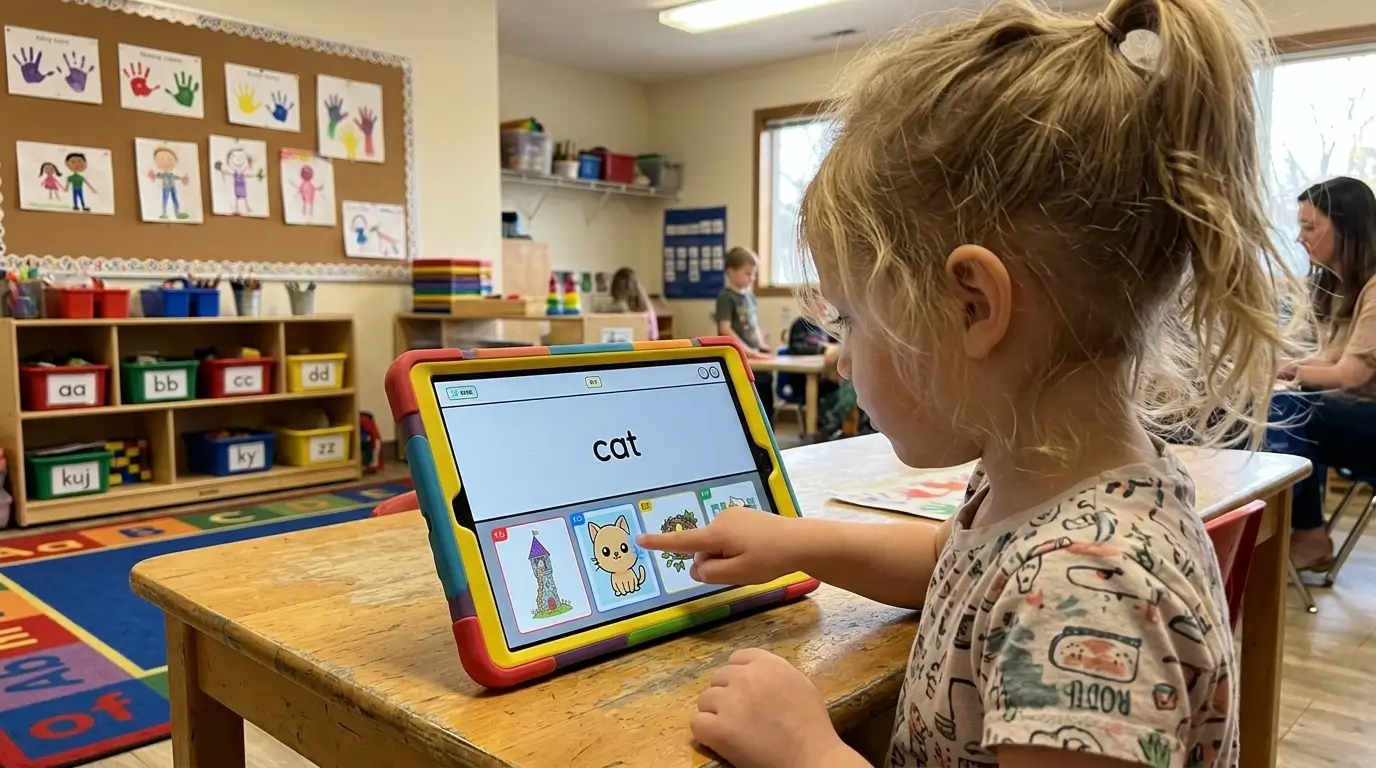 Child answering a question on a tablet in a classroom