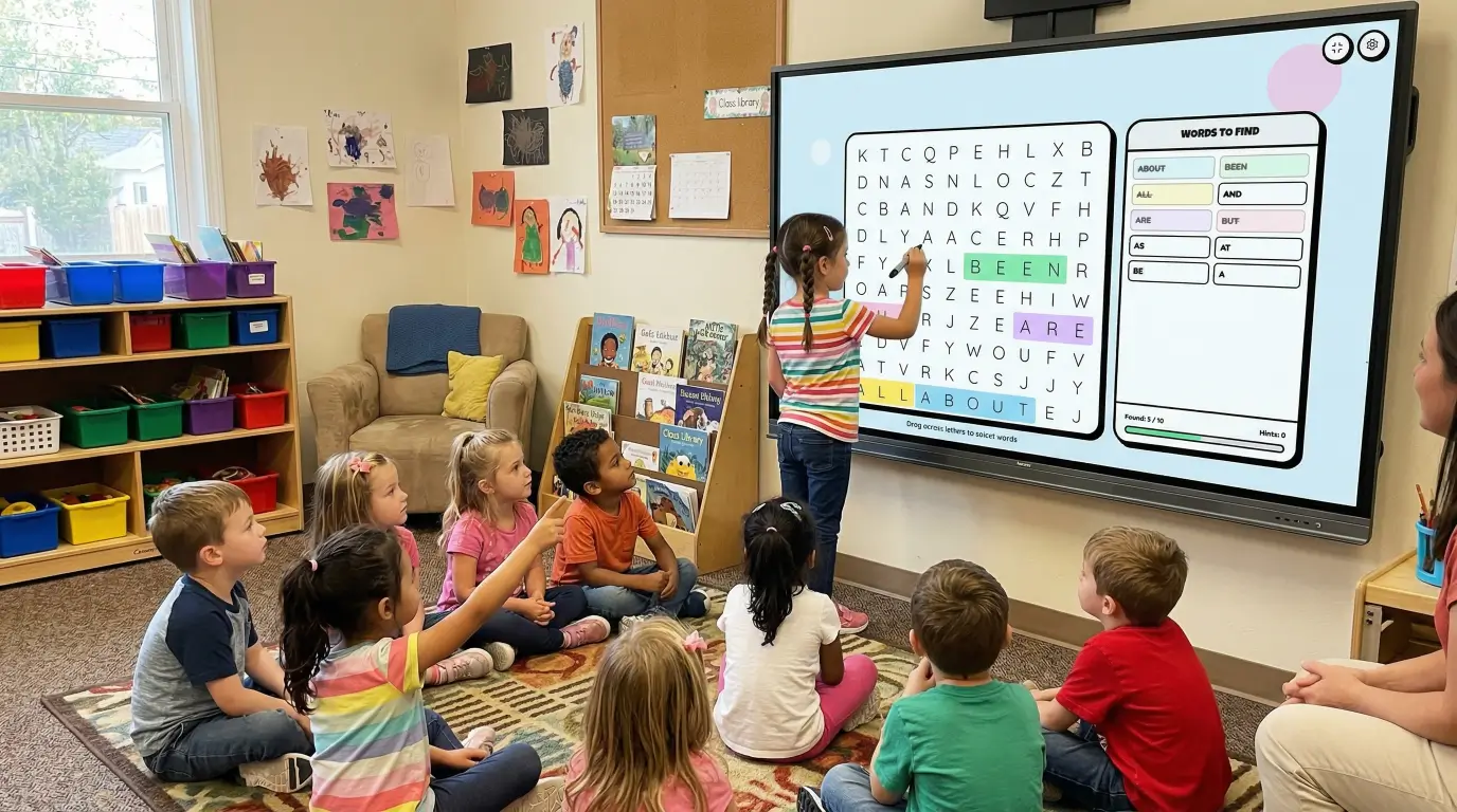 Students playing Academoo word search game on a classroom smartboard