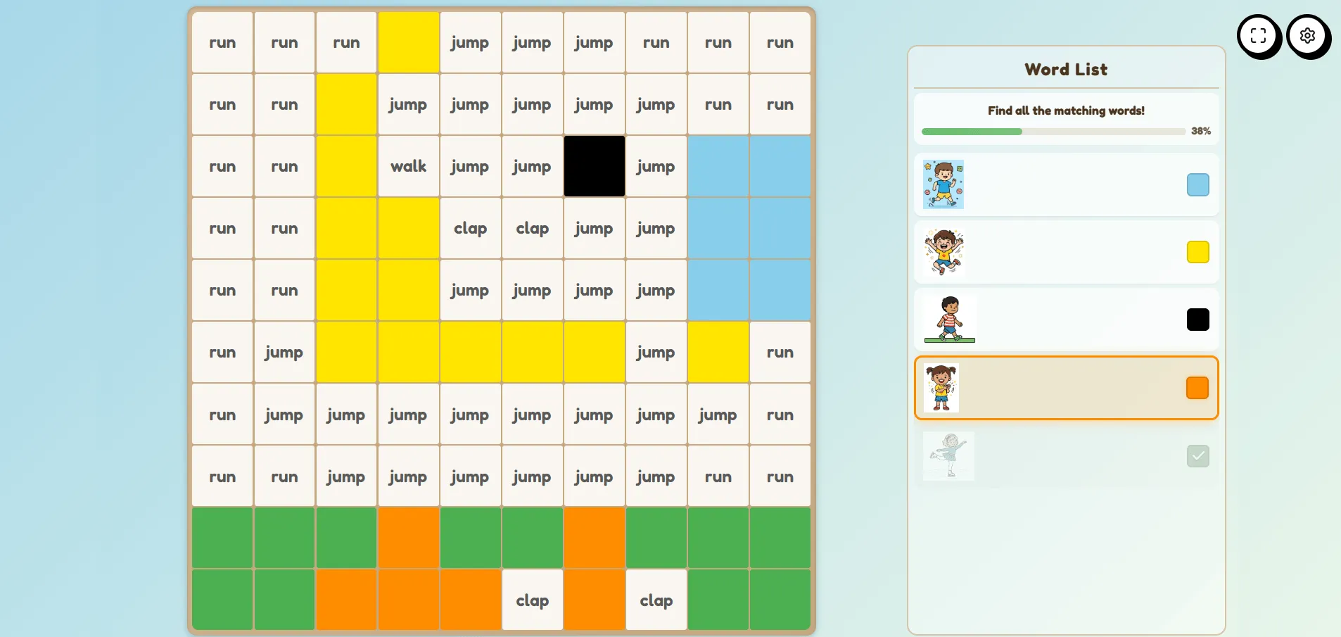 Mystery Pictures game screenshot — word grid with tiles revealing hidden images as students answer correctly